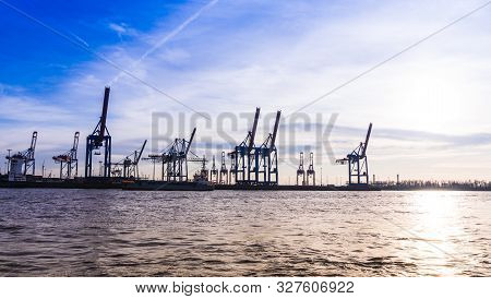 Hamburg, Germany - February 2019  Loading Operations In Hamburg Harbor Container Terminal Burchardka