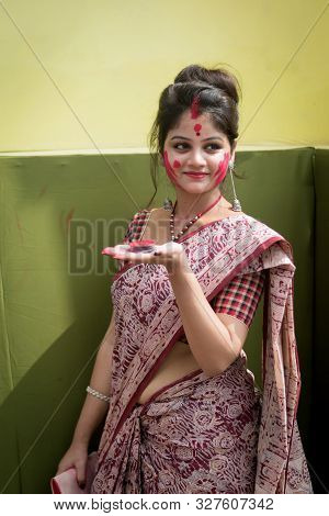 Kolkata, India - 8th October 2019; Women Participate In Sindur Khela At A Puja Pandal On The Last Da