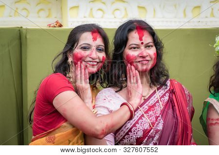 Kolkata, India - 8th October 2019; Women Participate In Sindur Khela At A Puja Pandal On The Last Da