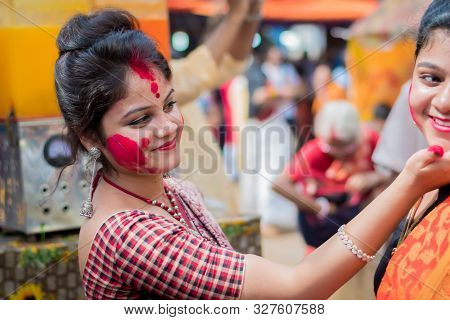 Kolkata, India - 8th October 2019; Women Participate In Sindur Khela At A Puja Pandal On The Last Da