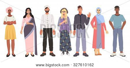 Colorful Vector Illustration Of Multicultural Multiethnic High School And Graduate Students, Coworke