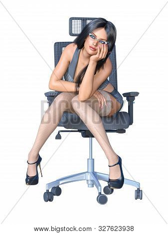 Long-haired Brunette Secretary In White Stocking.