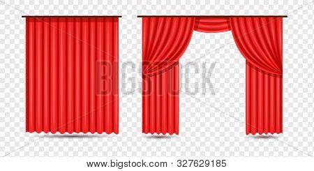 Set Of Red Luxury Silk Velvet Curtains And Draperies Open And Closed, Decorative Cords And Tassels I
