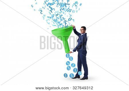 Data monetization concept with funnel and businessman