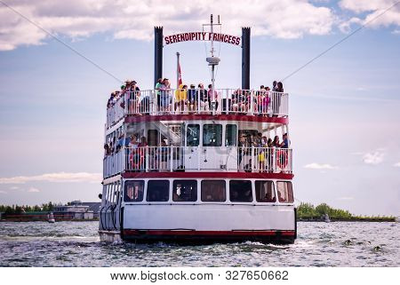 Toronto, Ontario, Canada - 2019 06 30: Serendipity Princess Cruise Ship In The Waters Of Toronto Har