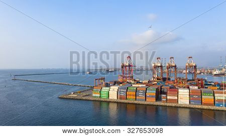Callao, Lima / Peru - October 13 2019: View Of Dock And Containers In The Port Of Callao