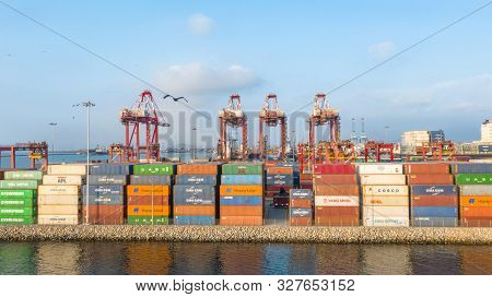 Callao, Lima / Peru - October 13 2019: View Of Dock And Containers In The Port Of Callao