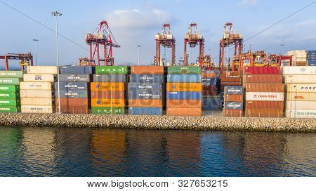 Callao, Lima / Peru - October 13 2019: View Of Dock And Containers In The Port Of Callao