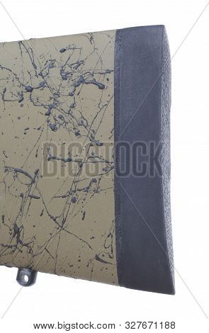 Recoil Pad On A Camouflaged Rifle Isolated On White