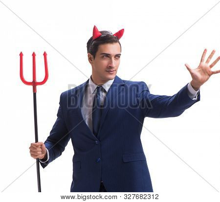 Evil devil businessman with pitchfork isolated on white backgrou