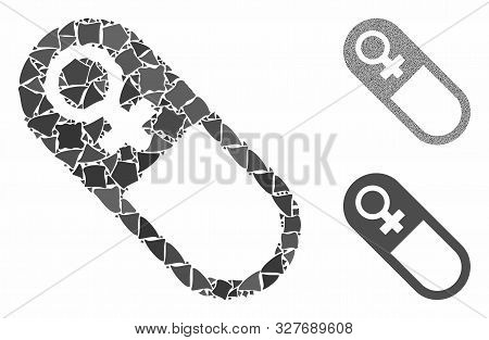 Female Pill Mosaic Of Uneven Pieces In Different Sizes And Color Tints, Based On Female Pill Icon. V