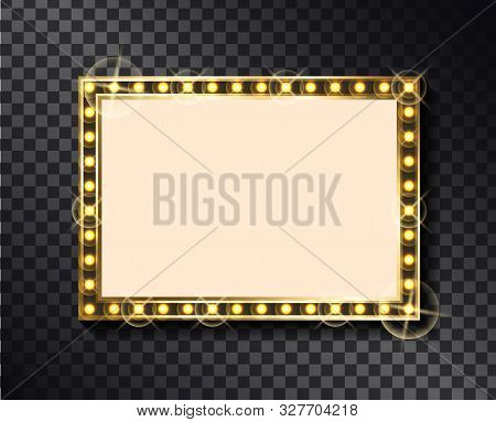 Rectangular Glittering Frame With Neon Light Bulbs Isolated On Transparent Background. Vector Right-