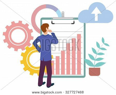 Man Looking At Growing Graphs At Clipboard, Cloud Storage Sign, Cogwheels And Plant In Pot. Vector M