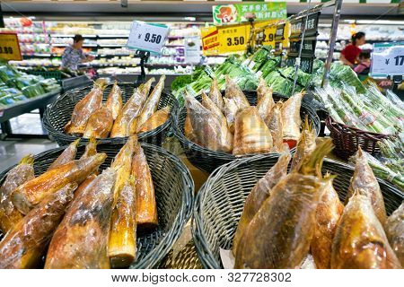 SHENZHEN, CHINA - CIRCA APRIL, 2019: food on display at JUSCO store in Shenzhen.