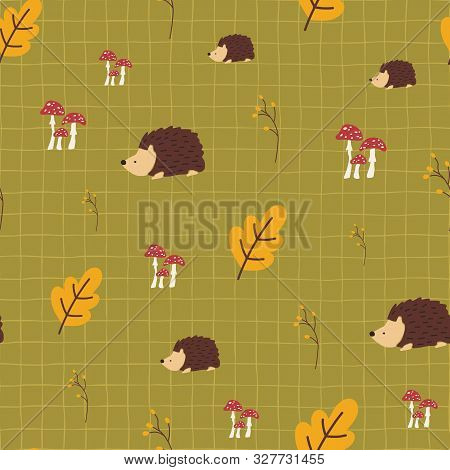 Autumn Kids Vector Background. Hedgehog Toadstool Mushrooms Acorn Leaf Seamless Vector Pattern. Scan