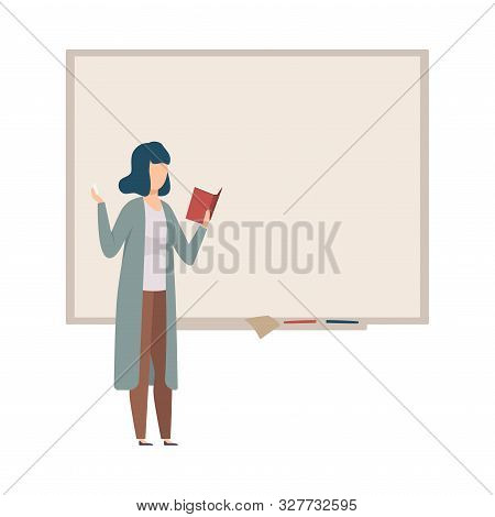 Woman Stands Near The Blackboard And Gives A Lecture Vector Illustration