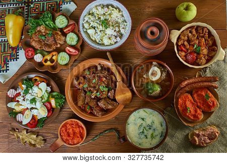 Bulgarian National  Cuisine, Traditional Assorted Balkans Dishes, Top View.