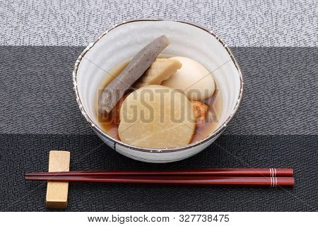 Japanese Food, Oden In A Bowl On Black Table