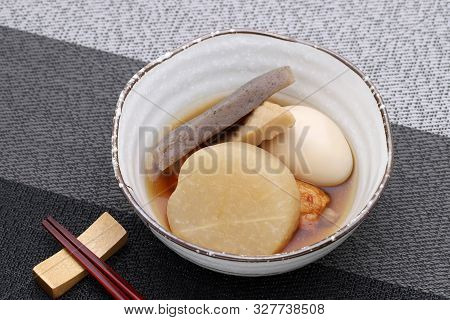 Japanese Food, Oden In A Bowl On Black Table
