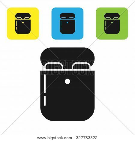 Black Air Headphones In Box Icon Icon Isolated On White Background. Holder Wireless In Case Earphone