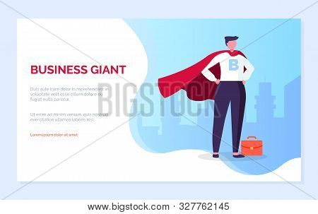 Business Giant Vector, Male With Briefcase Standing In Super Hero Posture. Businessman Wearing Suit 