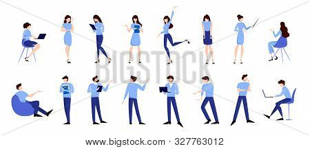 Business Pepople Set. Man And Woman In Suit In Various Poses