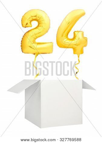 Golden Number Twenty Four Balloon Flying Out Of Blank White Box Isolated On White Background
