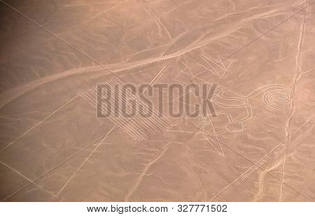 Aerial Airplane Panoramic View To Nazca Geoglyph Lines Aka Monkey, Ica Region, Peru