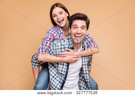 Photo Of Cheerful Positive Cute Charming Fascinating Nice Girlfriend And Boyfriend With Her Having R