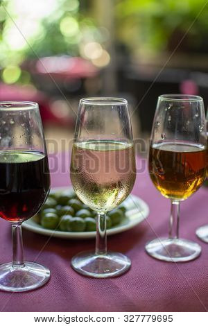 Sherry Wine Tasting, Selection Of Different Jerez Fortified Wines From Dry To Very Sweet, Jerez De L