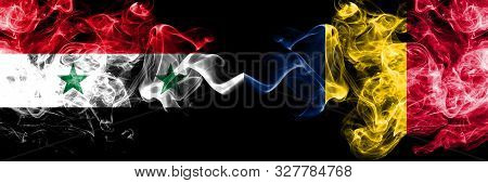 Syria Vs Chad, Chadian Smoke Flags Placed Side By Side. Thick Colored Silky Smoke Flags Of Syrian An