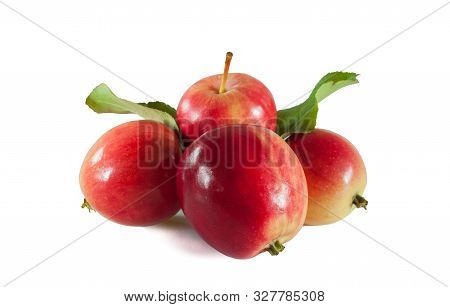 Group Of Four Red Chinese Apples With Green Leaves Isolated On White