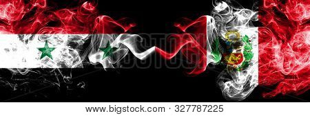 Syria Vs Peru, Peruan Smoke Flags Placed Side By Side. Thick Colored Silky Smoke Flags Of Syrian And