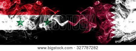 Syria Vs Qatar, Qatari Smoke Flags Placed Side By Side. Thick Colored Silky Smoke Flags Of Syrian An