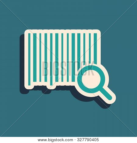 Green Search Barcode Icon Isolated On Blue Background. Magnifying Glass Searching Barcode. Barcode L