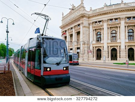 Street View With Public Tram At Burgtheater In Hofburg Vienna