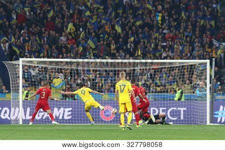 Kyiv, Ukraine - October 14, 2019: Roman Yaremchuk Of Ukraine (#9) Scores A Goal During The Uefa Euro