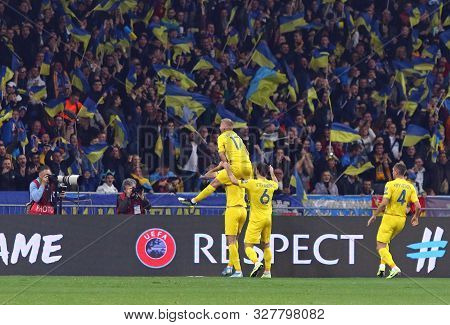 Kyiv, Ukraine - October 14, 2019: Ukrainian Players Celebrate After Roman Yaremchuk Scored A Goal Du