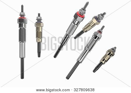 Two Types Of Auto Parts Glow Plug On A White Background. Spare Part For The Car Engine. 3d Rendering