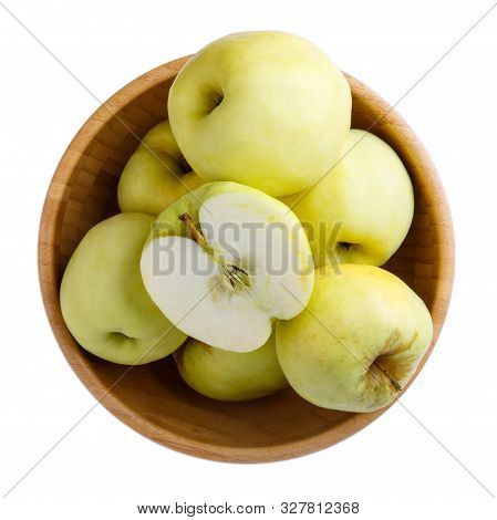 Ripe  Yellow Apples In Wooden Bowl Isolated On White Background. Antonovka Apples. Top View, Close-u