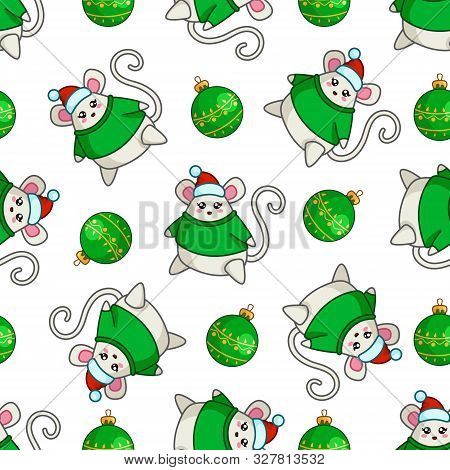 Christmas Seamless Pattern With Kawaii Fat Mouse In Sweater And Santa Hat - Sumbol Of 2020 - And Dec