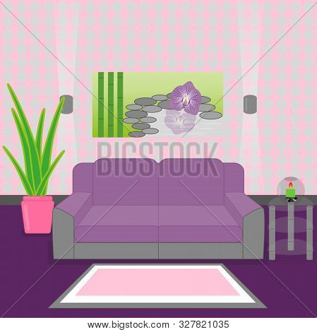 Cute Living Room Interior Design With Furniture, Vase With Flowers, Candle, Pictures And Carpet.