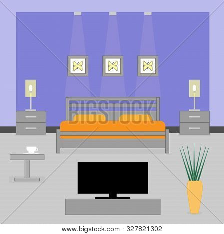 Bedroom Interior With A Bed, Nightstands, Shelf, Big Windows. Pink Bed Cover With Many Pillows In Ro