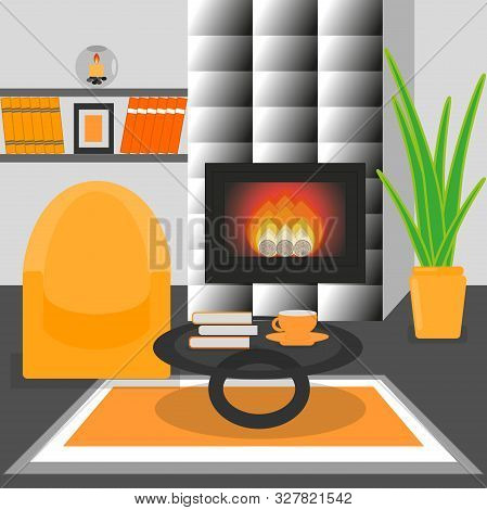 Cute Living Room Interior Design With Fireplace, Furniture, Bookshelf, Vase With Flowers, Books, Can