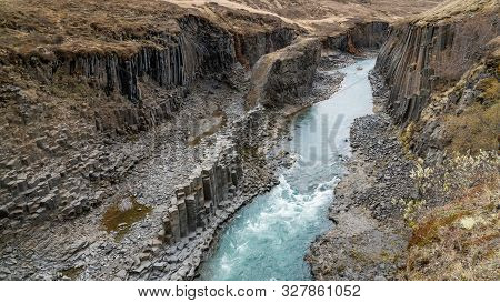 Studlagil Basalt Canyon, With Rare Volcanic Basalt Column Formations, Iceland