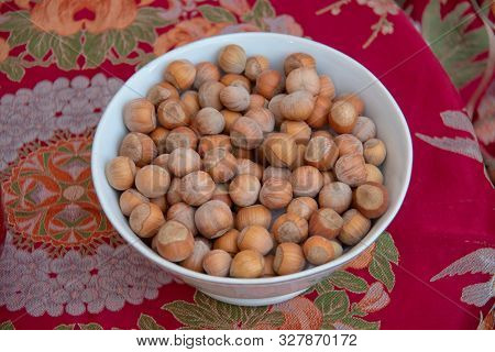 Food Background. Hazelnuts Texture. Top View . Hazelnut Nut Health Organic Brown Filbert Autumn Back
