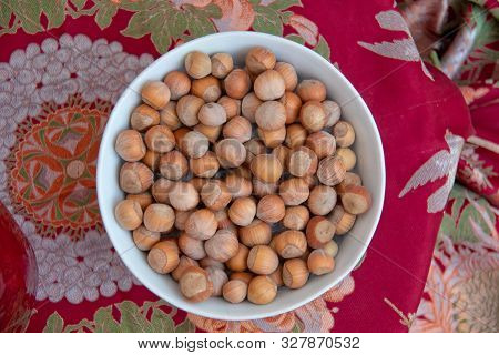 Food Background. Hazelnuts Texture. Top View . Hazelnut Nut Health Organic Brown Filbert Autumn Back