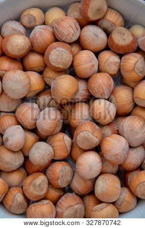 Food Background. Hazelnuts Texture. Top View . Hazelnut Nut Health Organic Brown Filbert Autumn Back