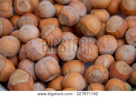 Food Background. Hazelnuts Texture. Top View . Hazelnut Nut Health Organic Brown Filbert Autumn Back