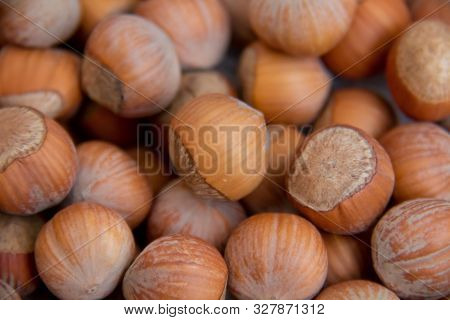 Food Background. Hazelnuts Texture. Top View . Hazelnut Nut Health Organic Brown Filbert Autumn Back